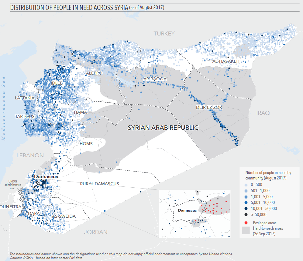 Anzahl und Verteilung der Menschen, die in Syrien in großer Armut leben. Quelle: OCHA / Amts für die Koordinierung humanitärer Angelegenheiten der Vereinten Nationen Anzahl und Verteilung der Menschen, die in Syrien in großer Armut leben. Grafik: OCHA / Amt für die Koordinierung humanitärer Angelegenheiten der Vereinten Nationen