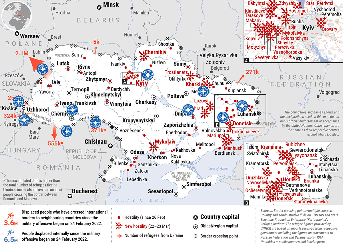 Aktivitäten von Ärzte der Welt in der Ukraine. Karte: Ärzte der Welt