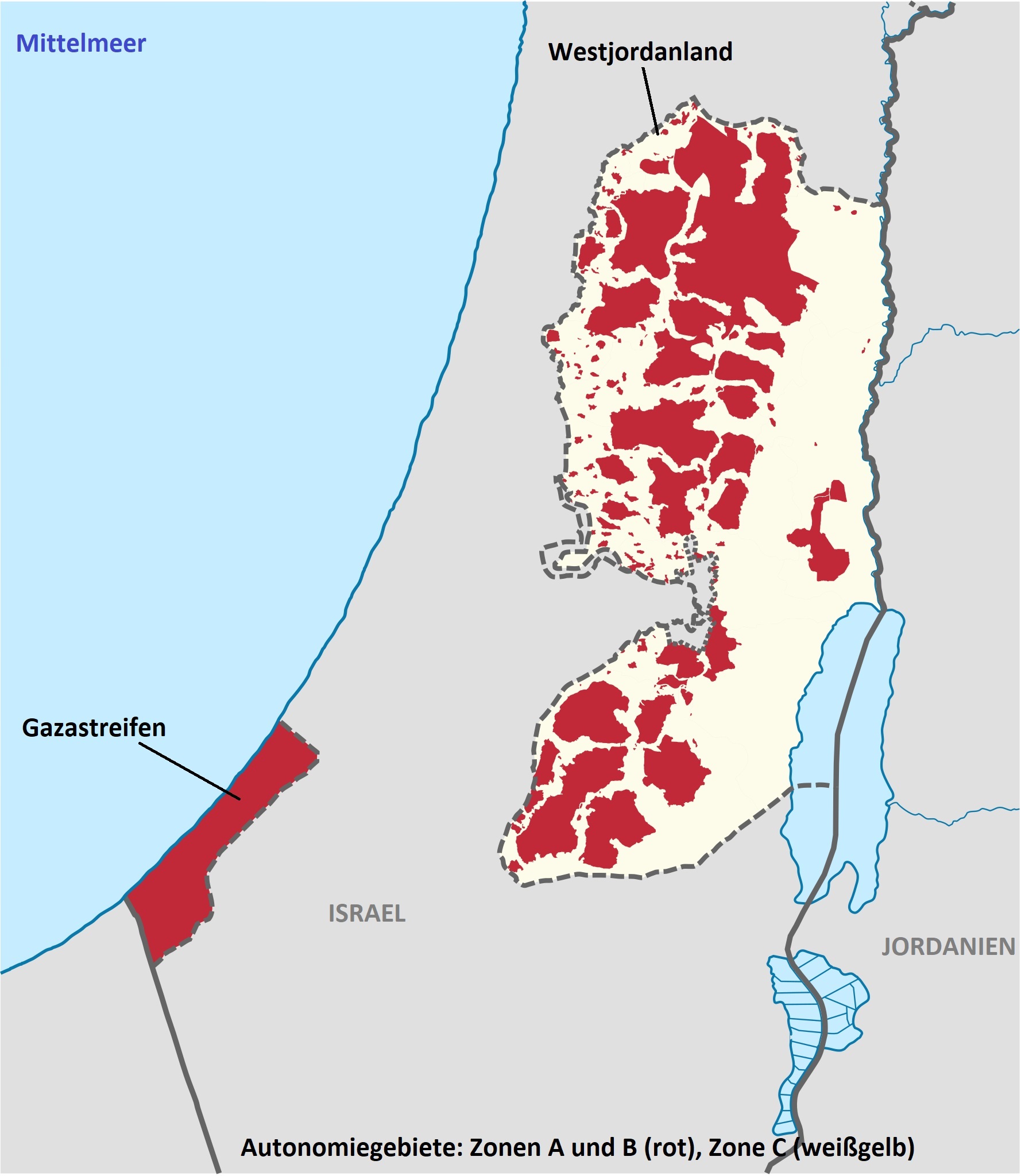 Israel mit Gazastreifen und Westjordanland. Karte: Wikimedia