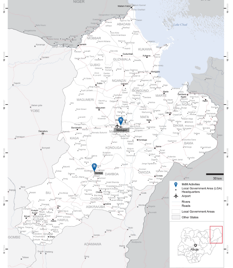 Der Bundesstaat Borno liegt im Nordosten Nigerias. In dessen Hauptstadt Maiduguri betreibt Ärzte der Welt vier Kliniken. Nun laufen die Planungen, auch in Damboa medizinsiche Versorgung anzubieten.