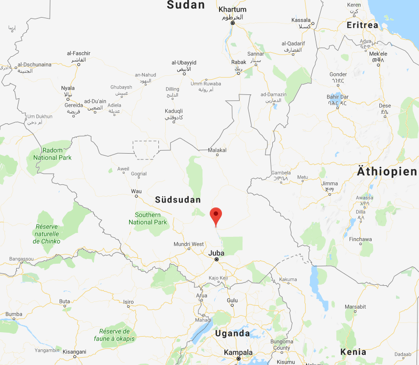 Südsudan mit Bor (Markierung), Hauptstadt des Bundesstaats Jonglei. Quelle: Google Maps