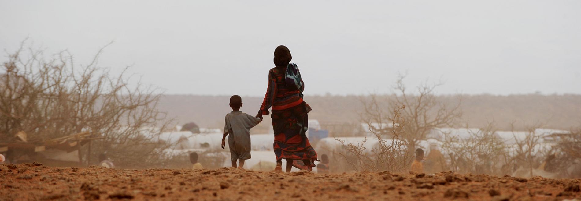 Eine Mutter und ihr Kind auf dem Weg durch eine ausgetrpcknete Landschaft in Äthiopien. Foto: Roberto Schmidt / AFP