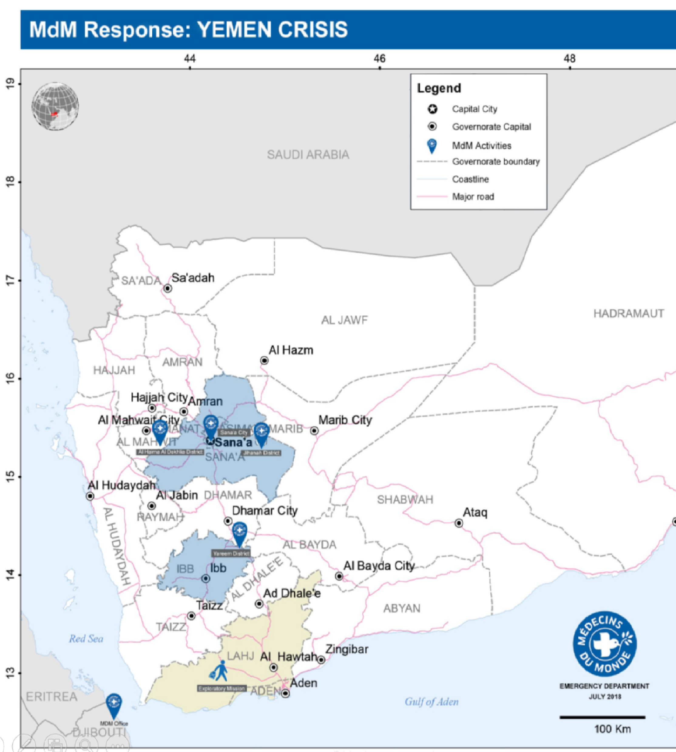 In den Regierungsbezirken Amanat Alasimah, Sana’a und Ibb betreibt Ärzte der Welt 13 Gesundheitsstationen, davon zwei Krankenhäuser.