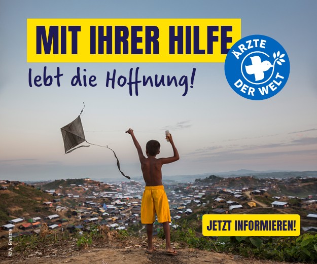 Werbebanner mit dem Motiv Nachlass: Mit ihrer Hilfe lebt die Hoffnung. Ein Junge lässt einen Drachen steigen. © Ärzte der Welt, A. Finistre