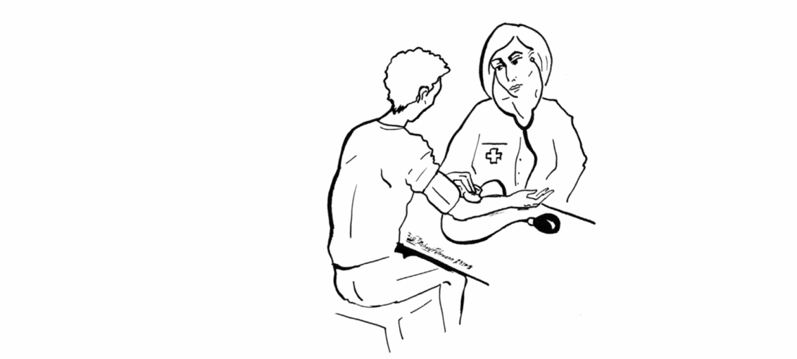 ©aerzte der welt Zeichnung von einem Arztbesuch. Mann wird von weiblichem Doktor untersucht..