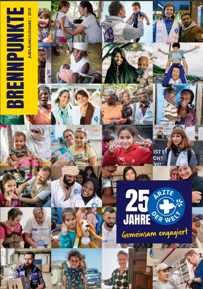 Screenshot vom Titel des letzten Magazins) In unserem Magazin „Brennpunkte“ bekommen Sie Einblicke in die Arbeit von Ärzte der Welt.