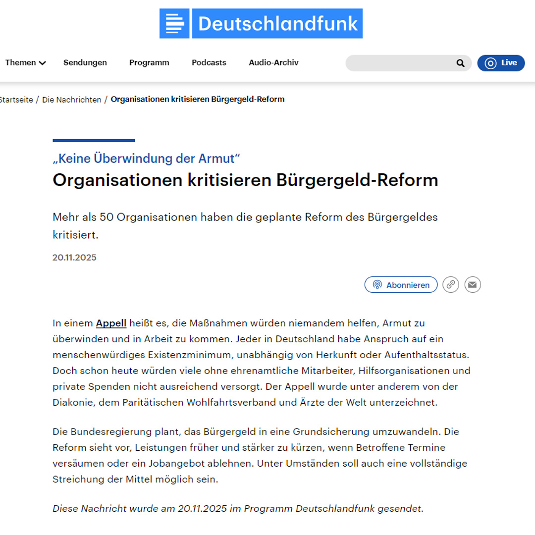 Beitrag des Deutschlandfunks über den Aufruf von 50 NGOs gegen die Bürgergeld-Reform