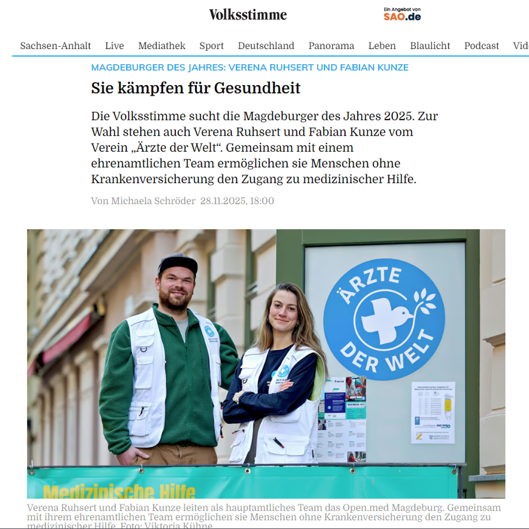 Bericht der Tageszeitung „Volkstimme“ über die Arbeit des Projekts „open.med“ von Ärzte der Welt in Magdeburg