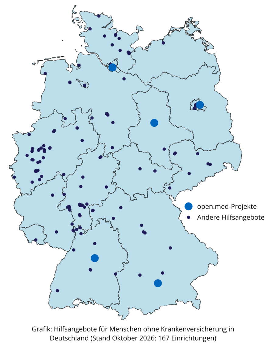 Karte mit Hilfsangeboten für Menschen ohne Krankenversicherung in Deutschland. © Ärzte der Welt